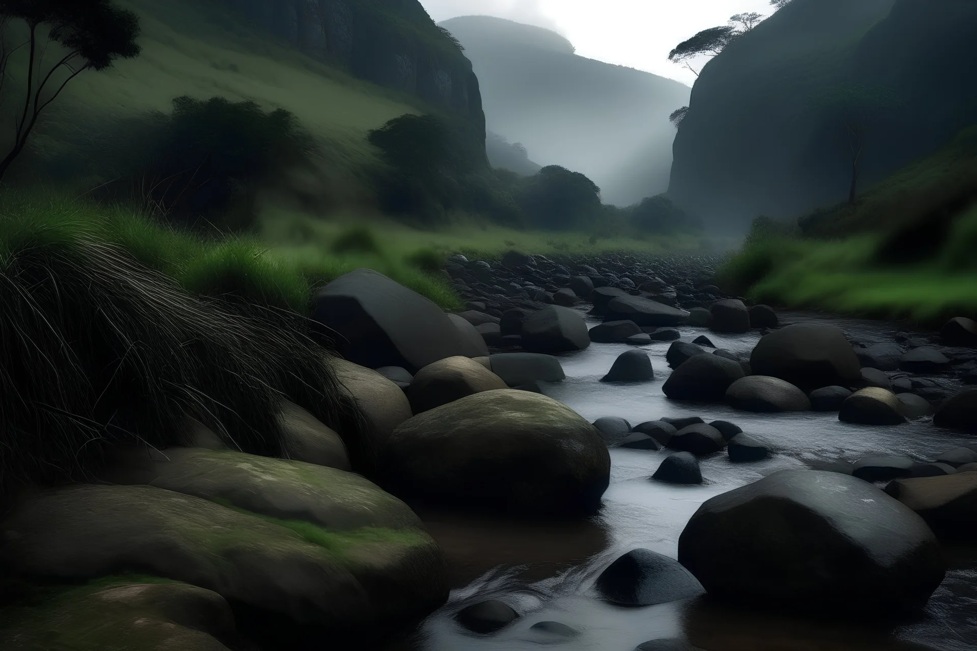 boulders next to the river in a dark raining and moody, misty drakensberg wilderness