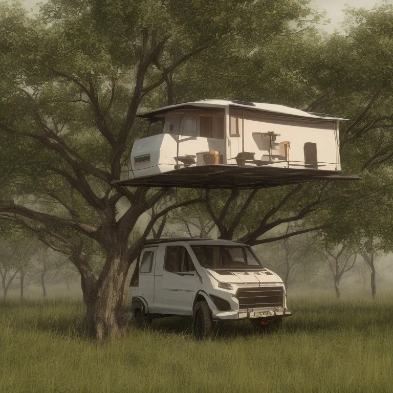 A recreational vehicle with solar panels and hanging from a tree