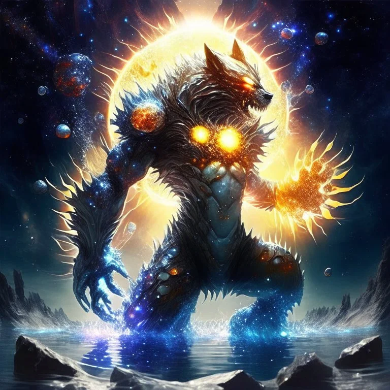 A terrifying creature combining water and sun with the powers of a werewolf and Dracula A battle suit made of galaxies and stars with a glove that has seven endless stones