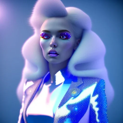 galactic girl, glitter blue and white suit with jewels, blond hair, blue eyes, cinematic lights, unreal engine 5, 4k, high details