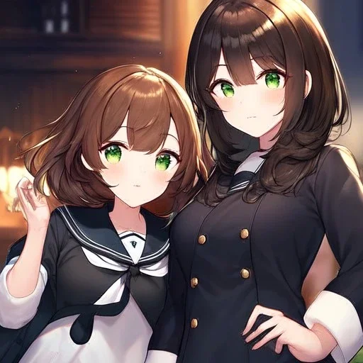 Clear focus, High resolution, short dark brown fluffy hair, green eyes, wearing a black sailor uniform