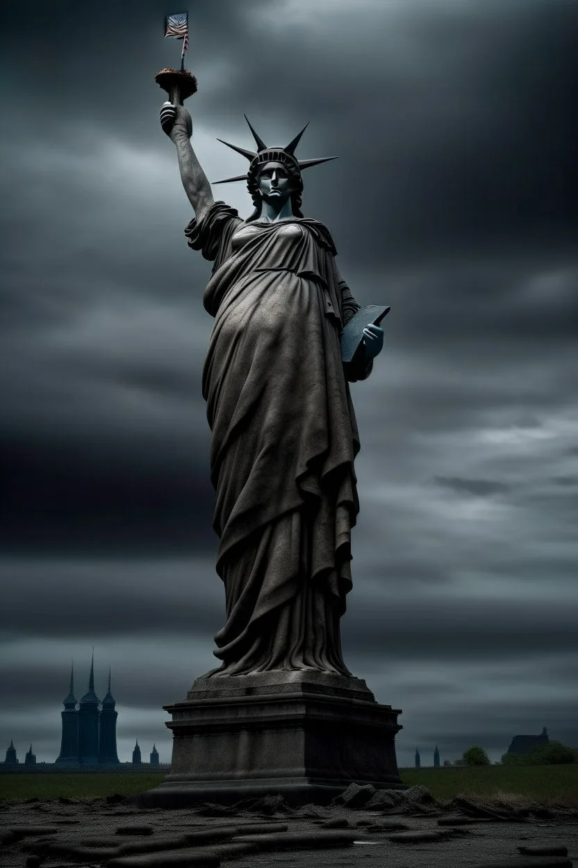 the statue of liberty, dress dirty and torn, her face solemn and terse, her head drooped low, shoulders slumped, trash littered at her feet, she holdsa crumpled american flag as she walks away, back to the viewer, under a dark and dreary sky
