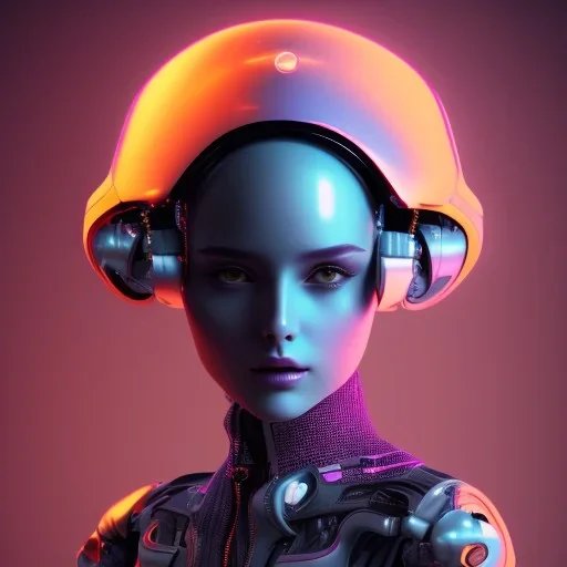 Cute girl in a robotic hijab suit,purple and pink backlight, orange lighting, profile