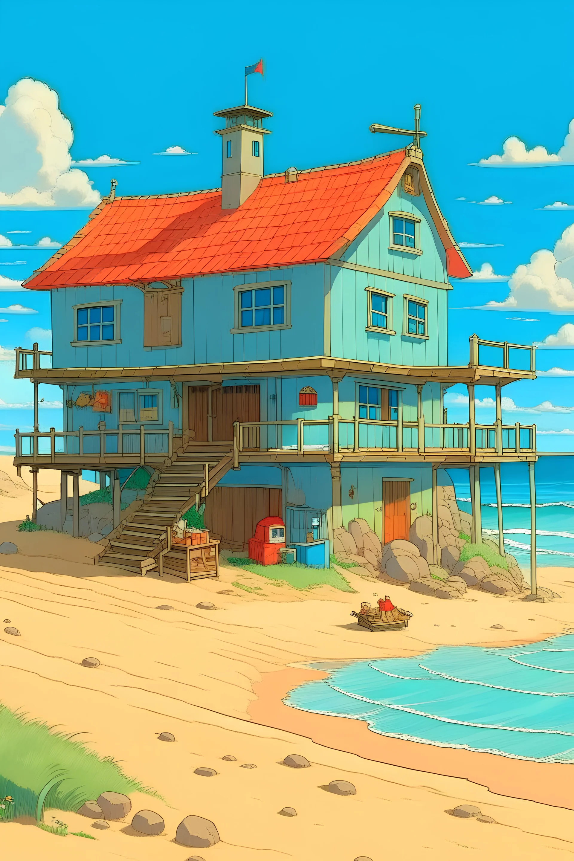 a house in a beach, ghibli style