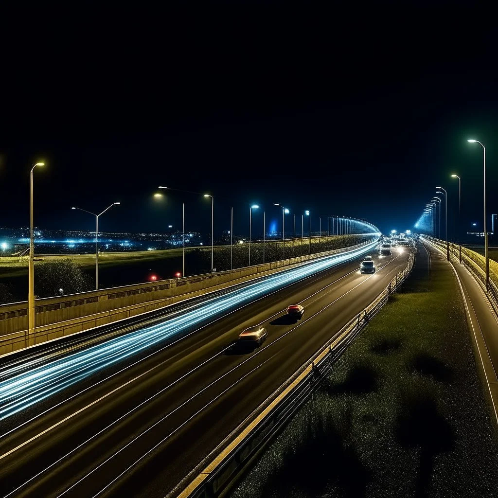 Cars on the highway at night with beautiful lighting and clear sky