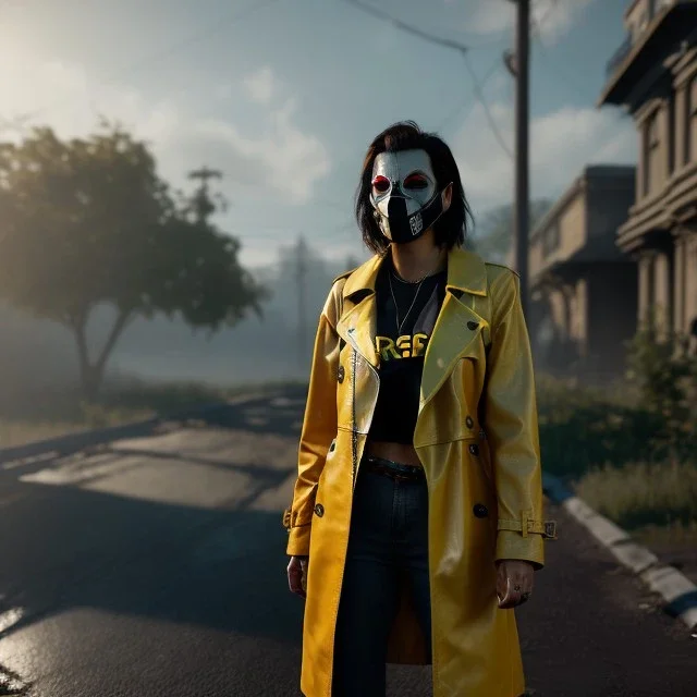 A badass Sofia Buttela wearing a scream mask, atmospheric, realistic, yellow leather trench coat, unreal engine, cinematic lighting, octane render.