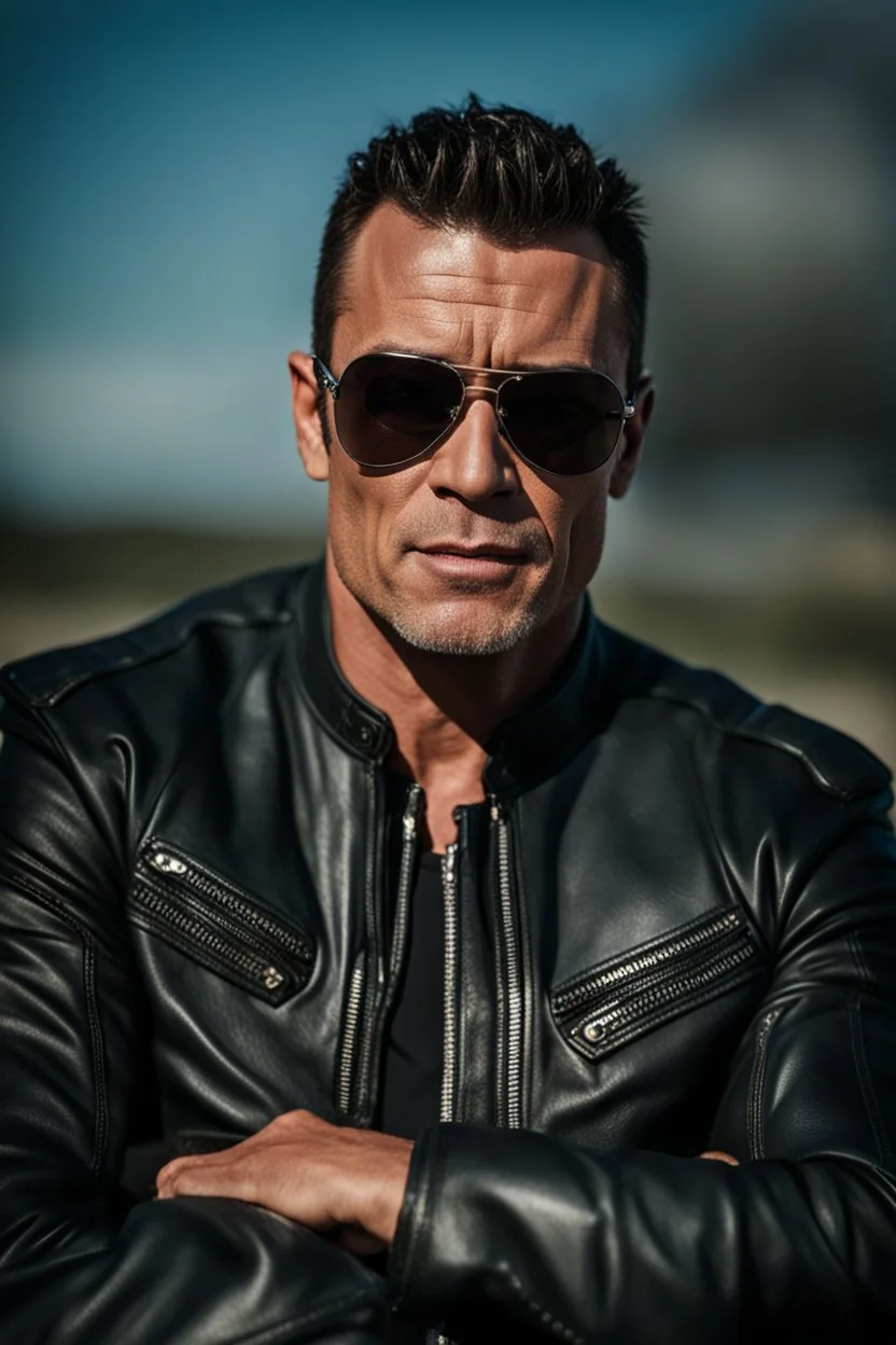 Handsome and muscular 40 year old Biker wearing a leather jacket and dark sunglasses standing with his arms folded