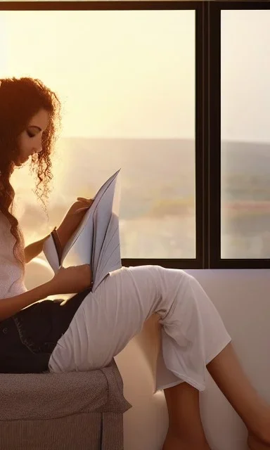 Beautiful, thin young woman, Arab home clothes, wavy hair, sitting on an office chair, reading a novel, next to a window, outside the window is sunset , 8k, finely detailed, photo realistic, cinematic