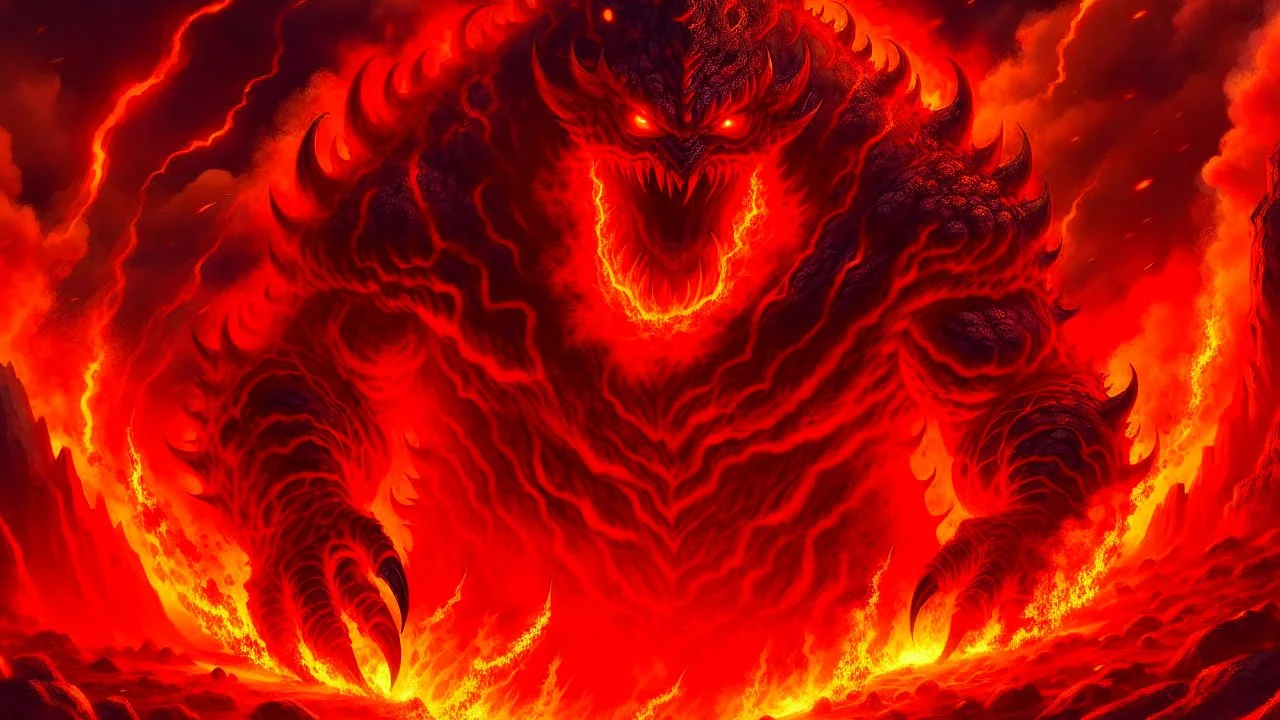 Fantasy digital illustration: 300-foot lava monster, very fierce and scary-looking.