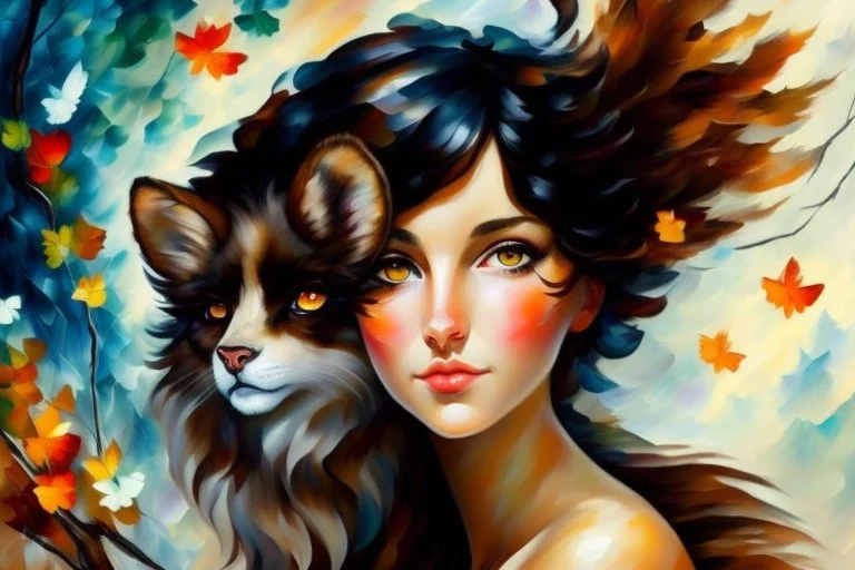 an irresistibly adorable image of a whimsical brunette woman creature with black hair and hazel eyes. Envision a charming being with fluffy, onyx-colored fur or hair that frames its endearing face. in the blowing wind Leonid Afremov