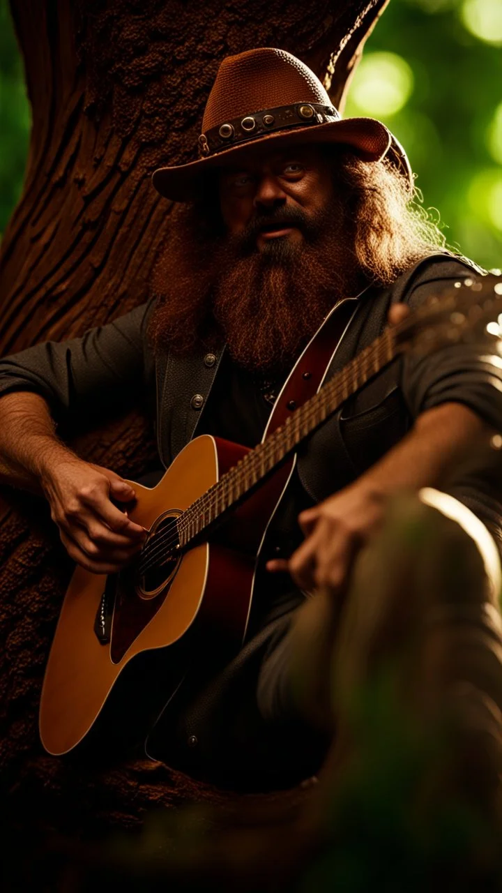 portrait of hairy rock guitar ninja sweet cucumber cowboy living inside a tree house in a hollow huge tree growing light bulbs, singing into ornate studio mic,bokeh like f/0.8, tilt-shift lens 8k, high detail, smooth render, down-light, unreal engine, prize winning