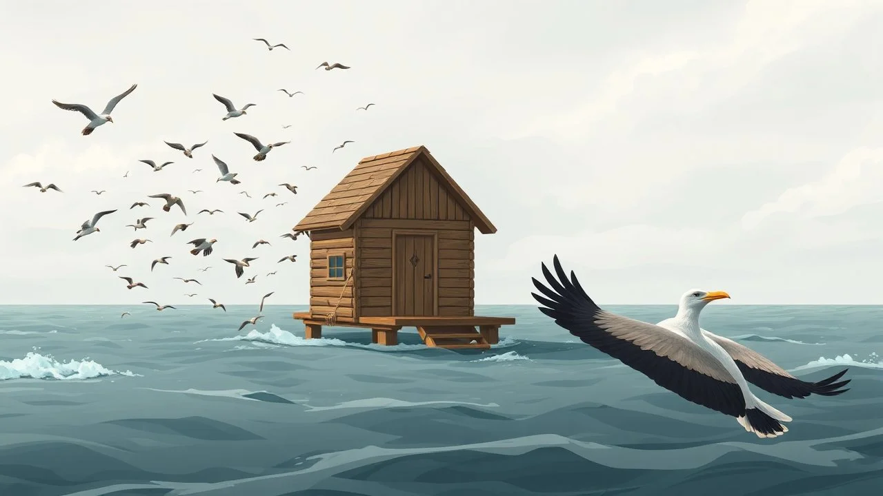 The image is a illustration of a small wooden house in the middle of a body of water. The house appears to be made of wood and has a sloping roof. It is surrounded by a flock of birds flying around it. The sky is cloudy and the water is choppy, with small waves crashing against the shore. On the right side of the image, there is a large bird with its wings spread wide, as if it is about to take flight. The bird is flying away from the house, with its head turned towards the viewer. The overall m