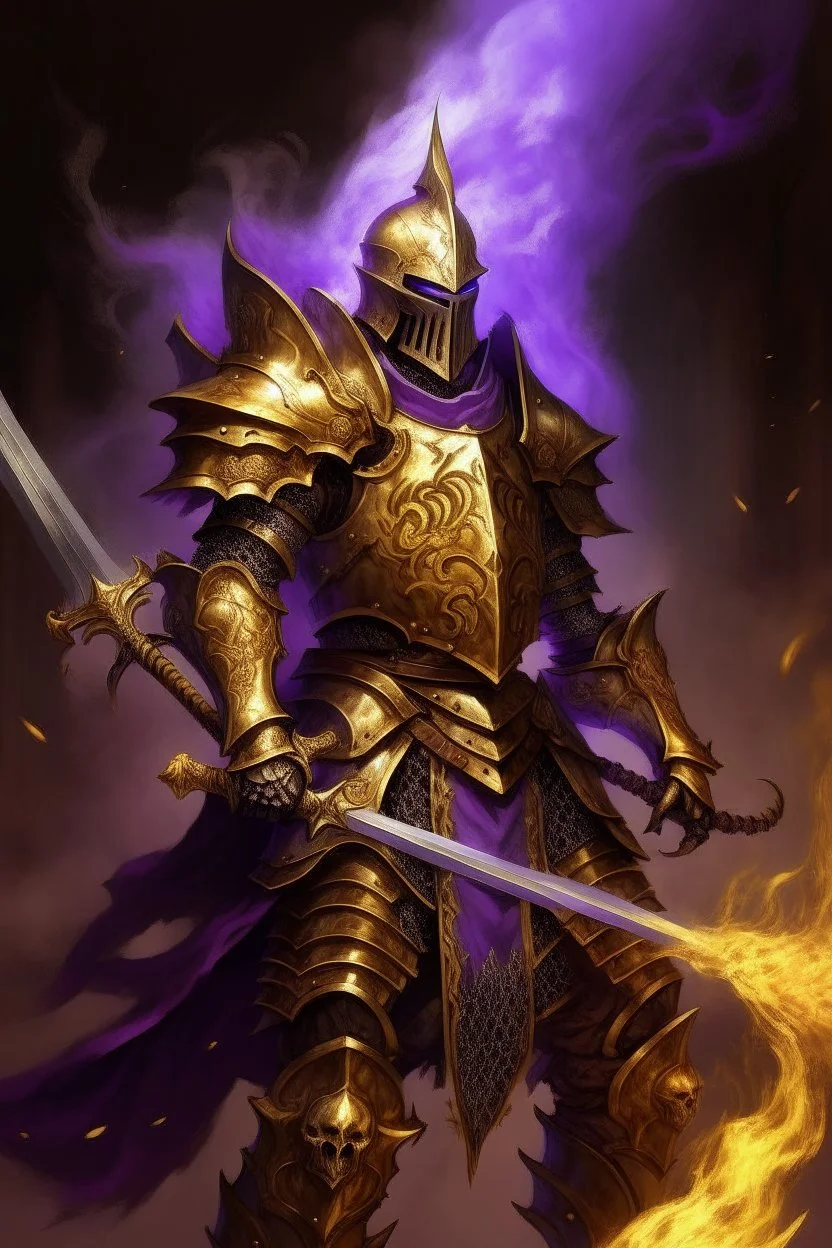 a suit of golden crusader armour that is haunted by a plume of purple smoke, wielding a holy sword