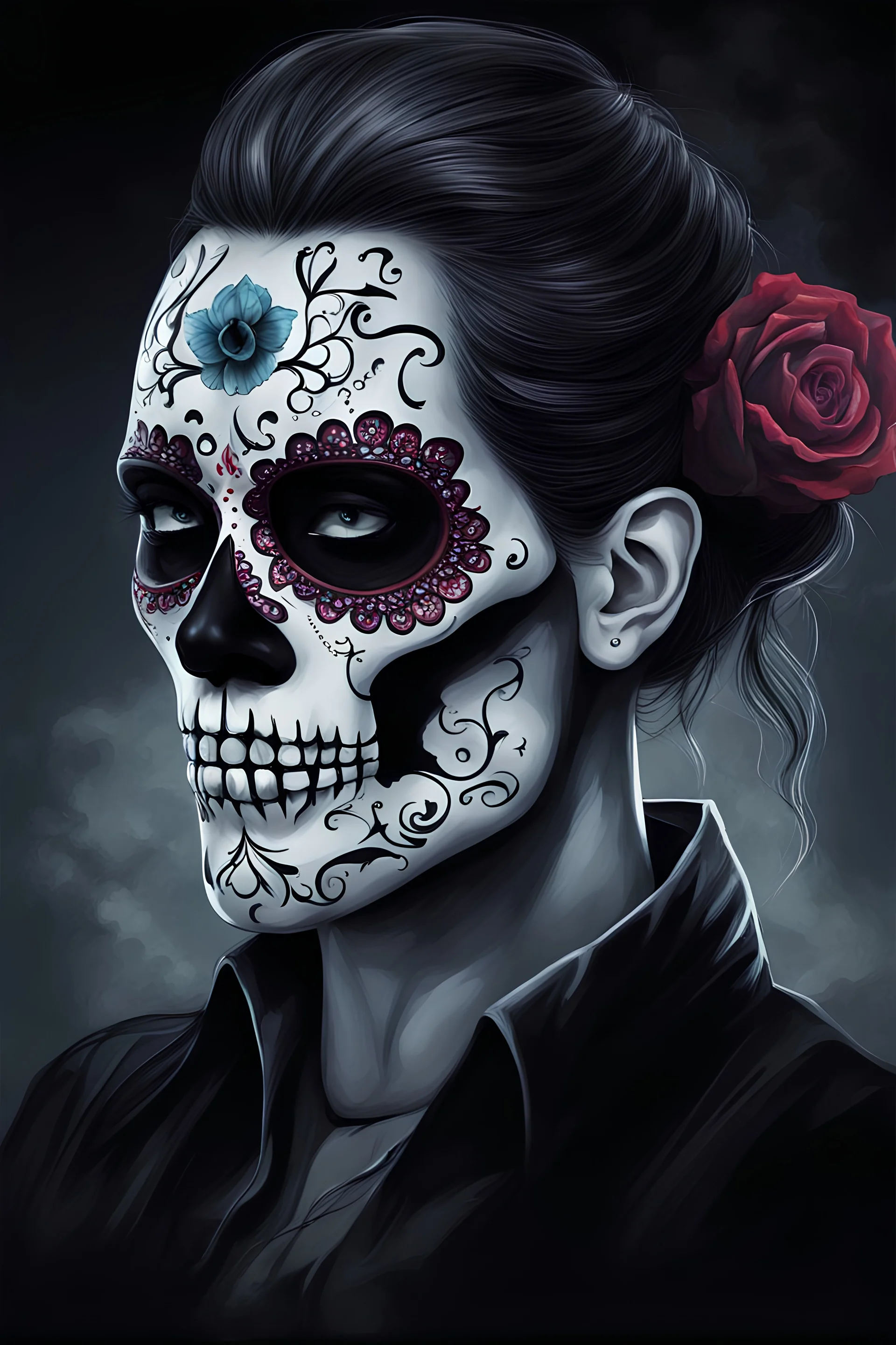 Muertos, sugar skull face, realistic, high quality