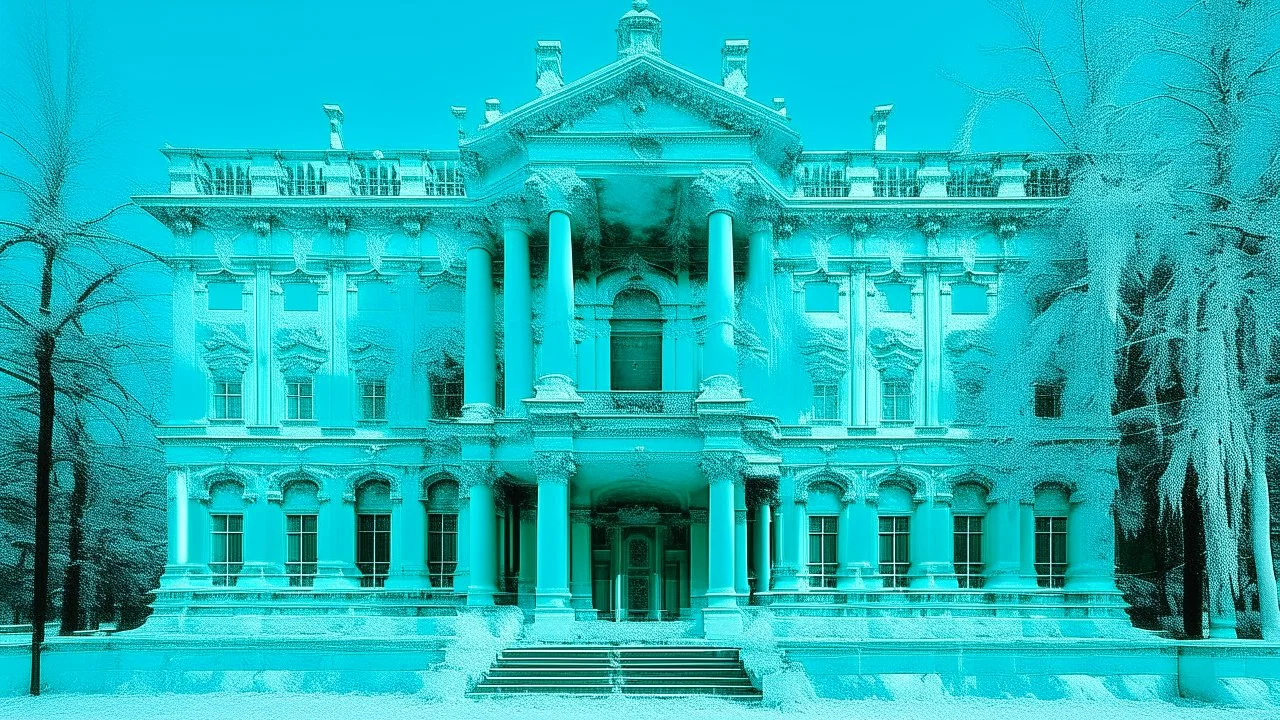 A cyan icy palace in a blizzard painted by Andy Warhol