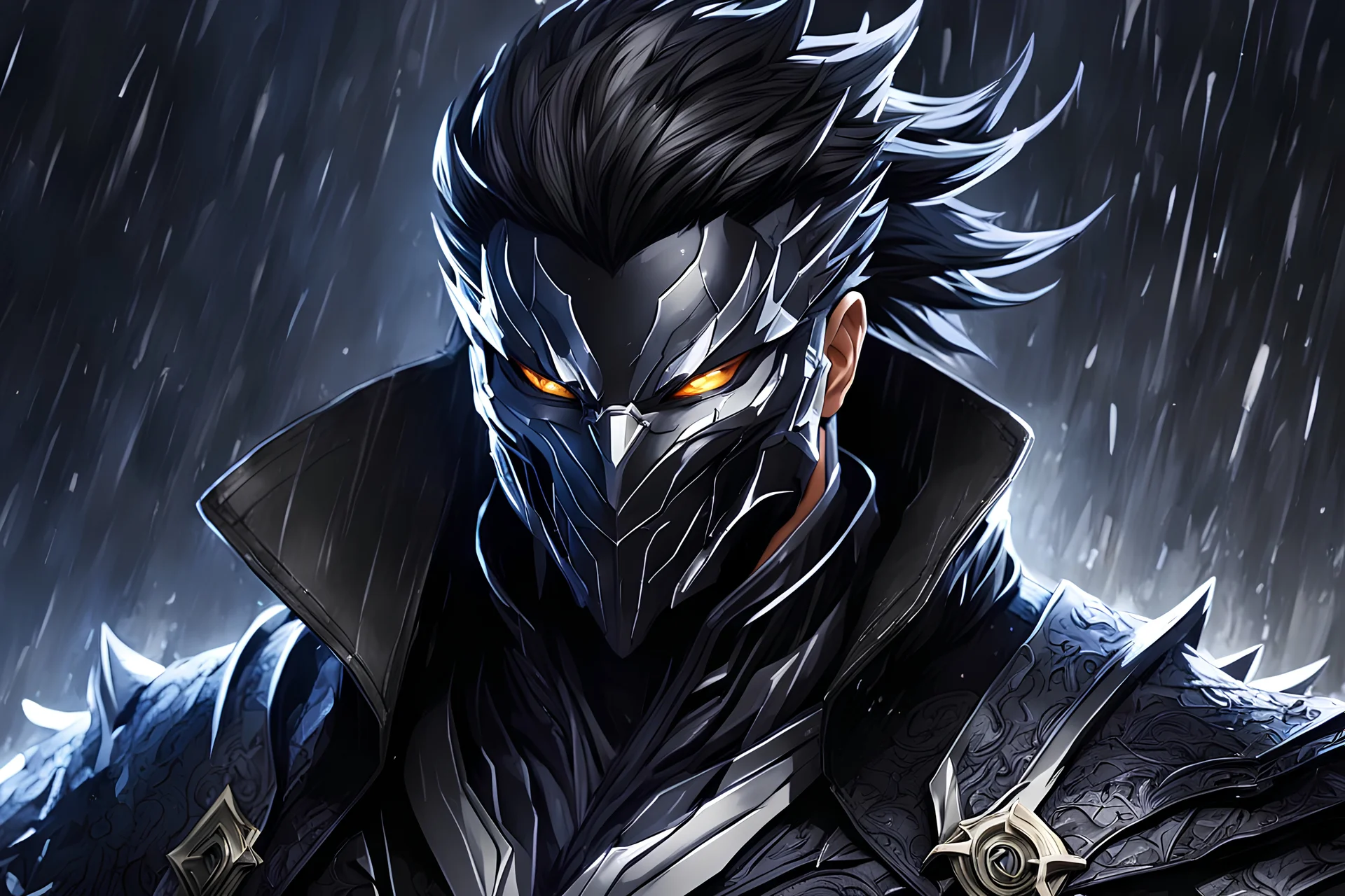 Machine venom in 8k solo leveling shadow drawing style, yasuo costume, rain, highly detailed, high details, detailed portrait, masterpiece,ultra detailed, ultra quality