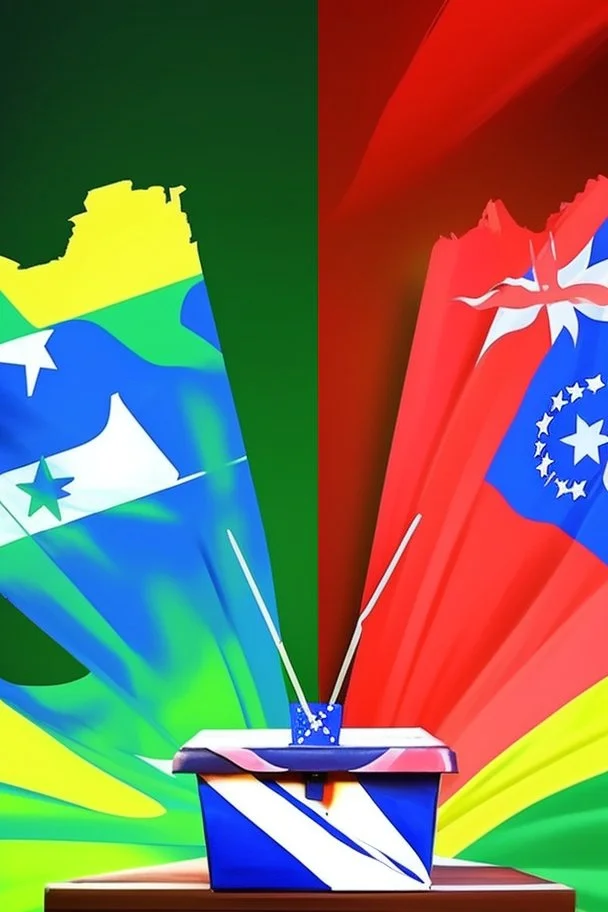 painting of an election in a nation between the Red Party, Blue Party, yellow Party, Green Party and Pink Party
