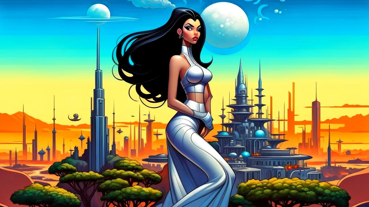 exotic sci-fi pin-up girl, with long dark hair, on an alien planet with cloud trees, tall spires and buildings