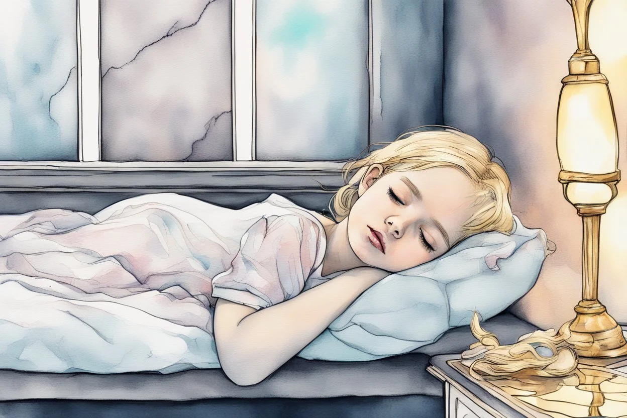 a cute little girl with blonde hair sleeping in an elegant bedroom, tiffany painted lamp lit in the background, S<AI in moonshine. Pastel melting watercolour and black ink outlines on wet paper, shading colors, light strokes. cracked holographic marble background, the cracks are golden