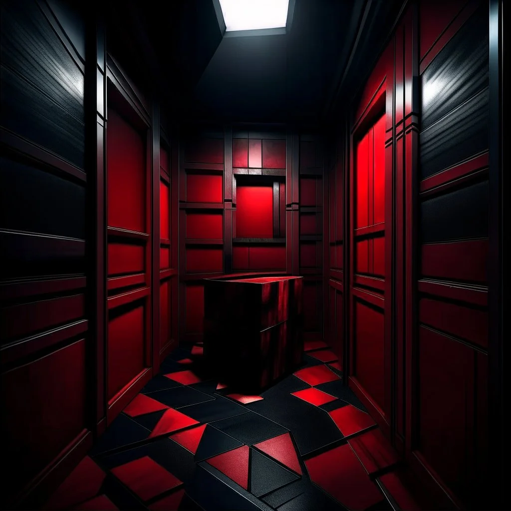 He was locked up in a tiny box inside a wall, this cubic room painted in dark red and midnight blue, neo surrealism, sinister, eerie, anxiety claustrophobia