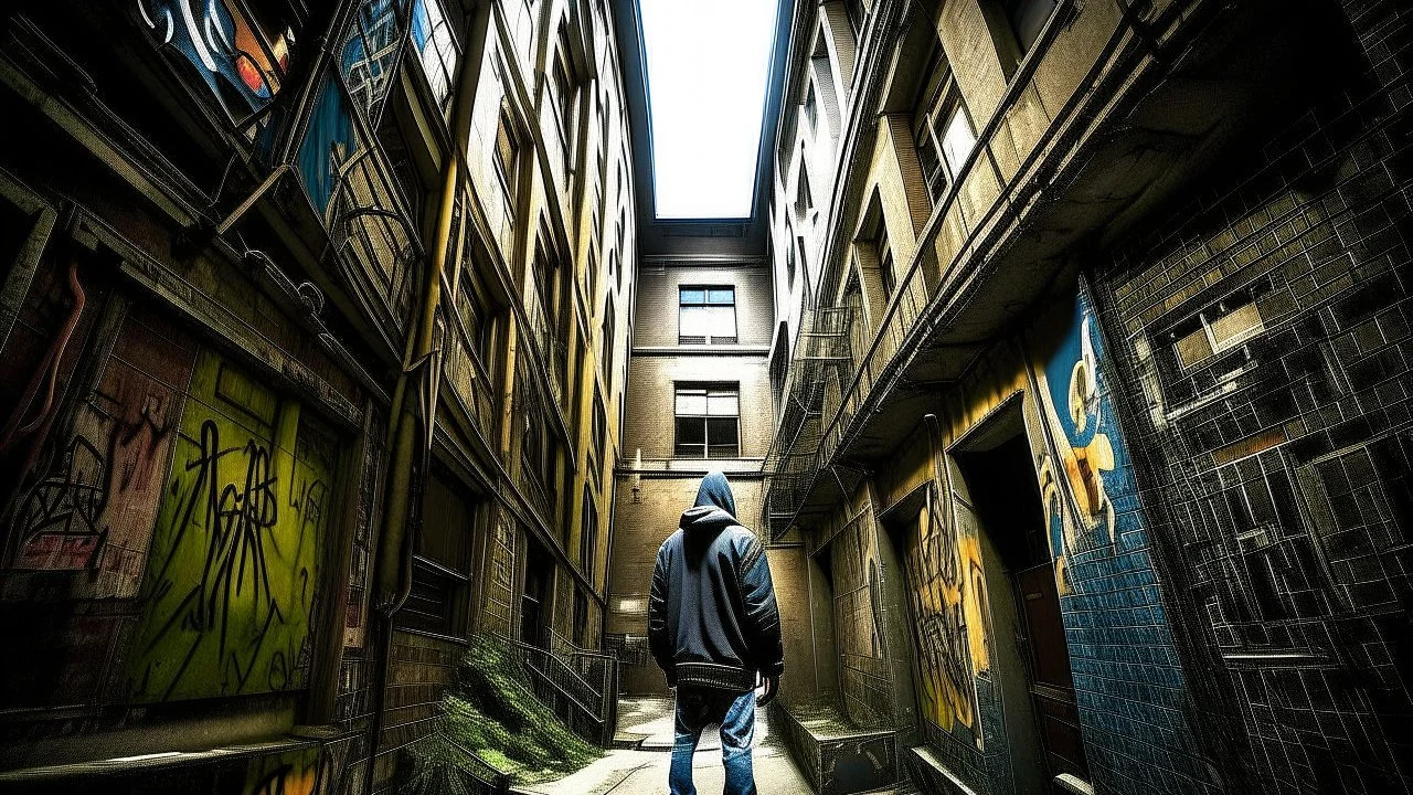 wide angle shot, looking up from the bottom of a narrow courtyard or alleyway, towering old apartment buildings with many windows on both sides, weathered concrete and brick walls, peeling paint, graffiti, exposed pipes and wiring, a single open doorway leads to a dimly lit staircase, a young man in a dark hoodie and jeans stands to the right looking up, dramatic lighting with a bright sky at the top creating a sense of depth and mystery, slightly desaturated colors, gritty texture, cinematic, m