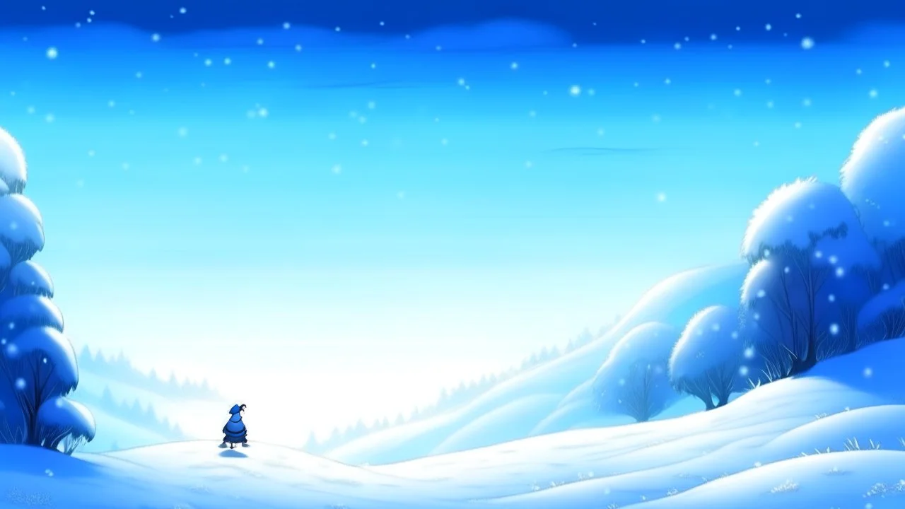 fantasy cartoon style: Upon a snowy hill. It is morning, and the snow sparkled like a million tiny magical diamonds.