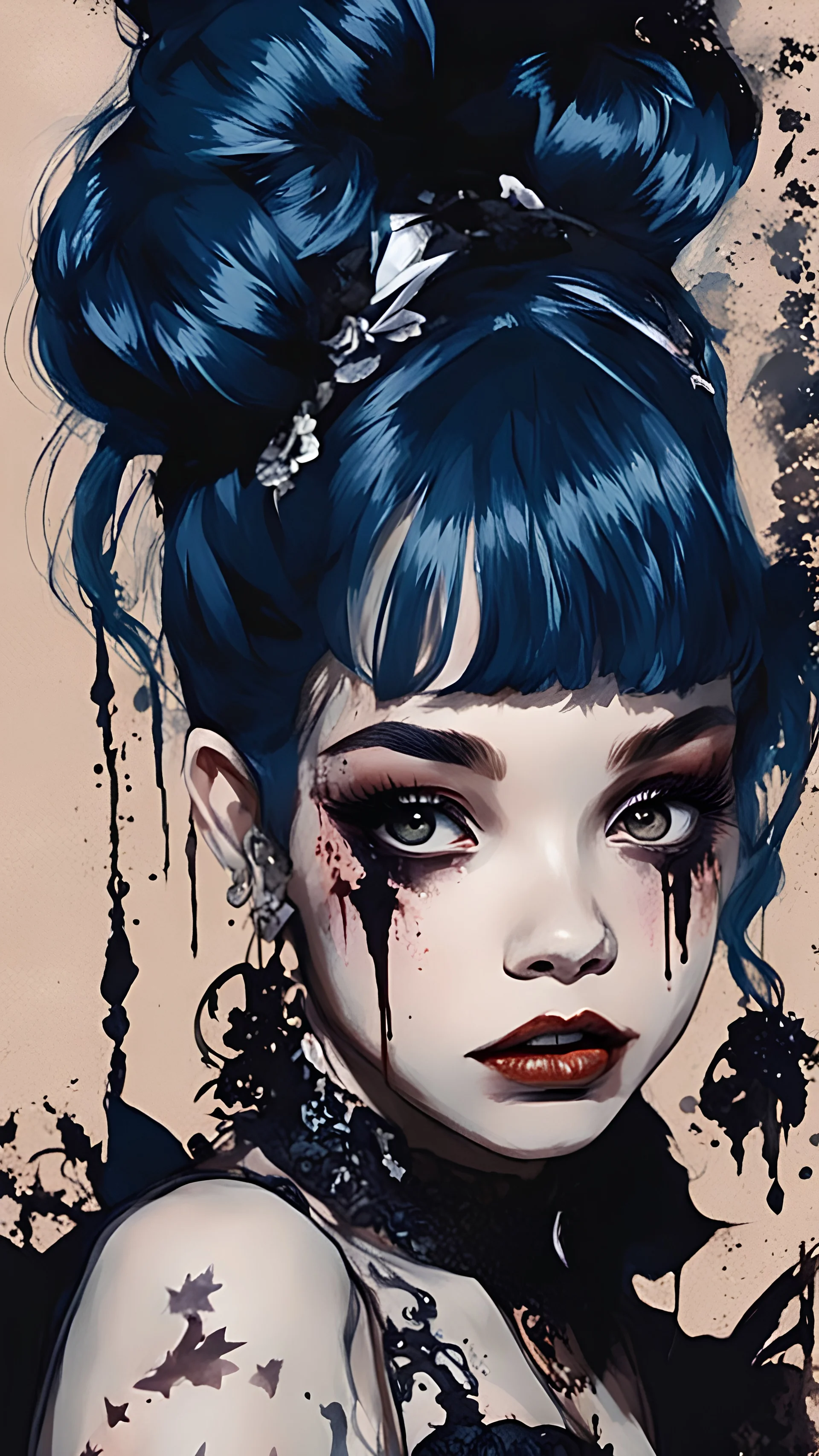 Poster in two gradually, a one side malevolent goth vampire girl face and other side the Singer Melanie Martinez face, full body, painting by Yoji Shinkawa, darkblue and brown tones,