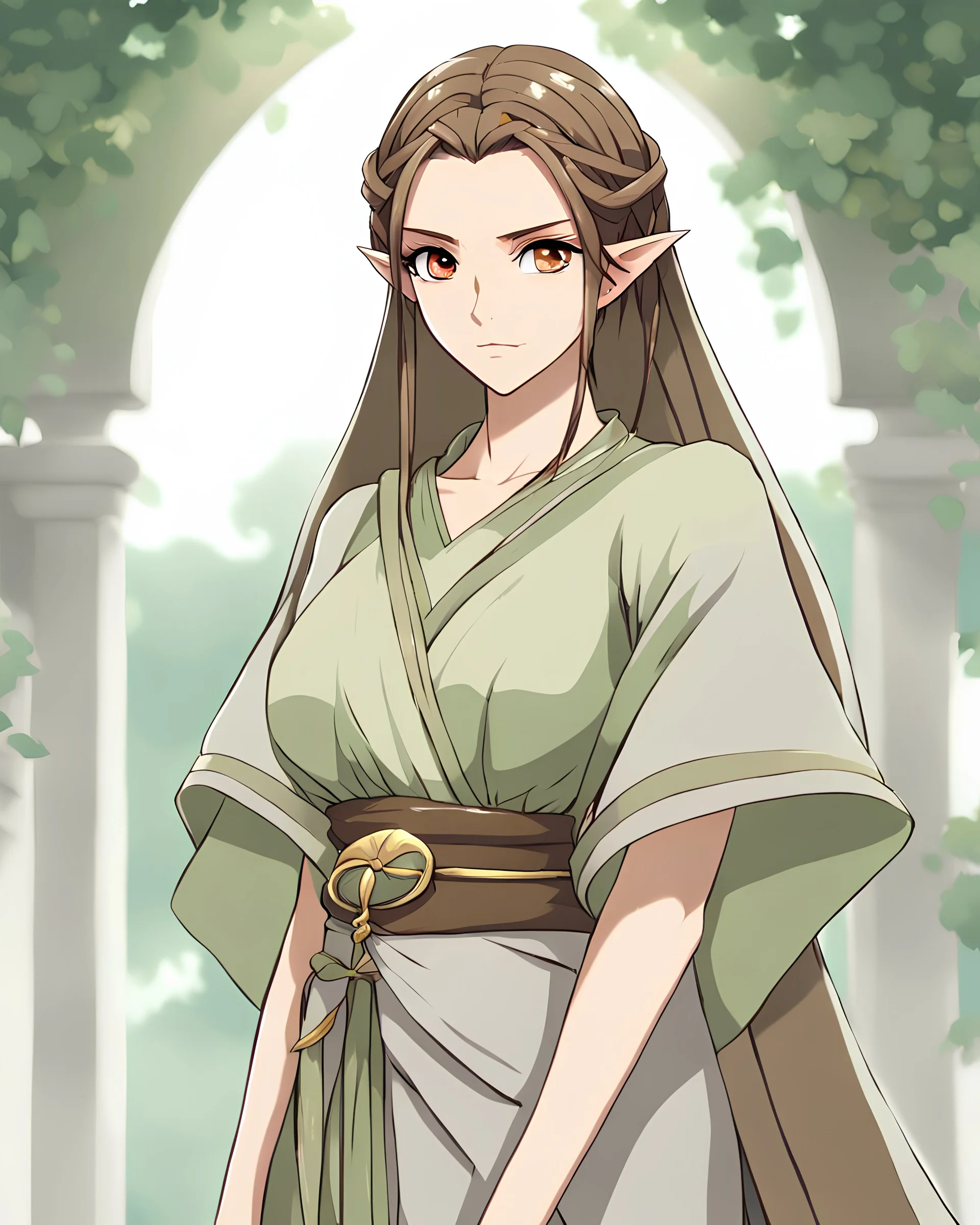 Style: Anime,"anime artwork {a half-elf with brown hair and grey eyes wearing a kaftan is looking at the viewer with an intense gaze and a grumpy and annoyed expression. Her hair is tied into a loose braid, her cheekbones are high and prominent, her skin has a light-olive tone, she is tall and slender with delicate build, her bust is large, her waist is narrow, and her hips are wide. The character is a tsundere} anime style, key visual, vibrant, studio anime, highly detailed, realism"