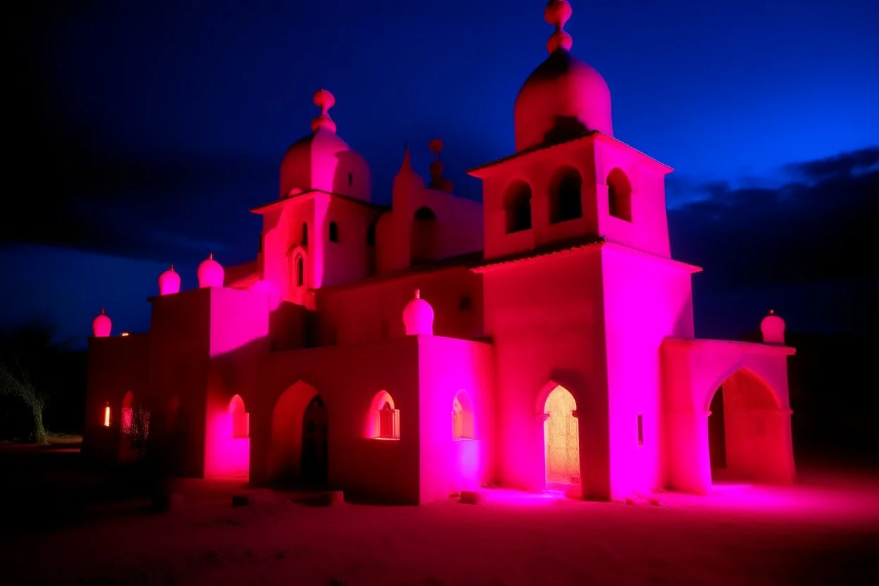 A pink light glowing monastery designed in Kuna molas painted by Lyonel Charles Feininger