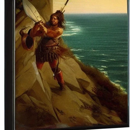 high-angle shot of a [barbarian warrior] holing an ((axe)) on a cliff overlooking the sea, monsters in the water by Pre-Raphaelite Brotherhood