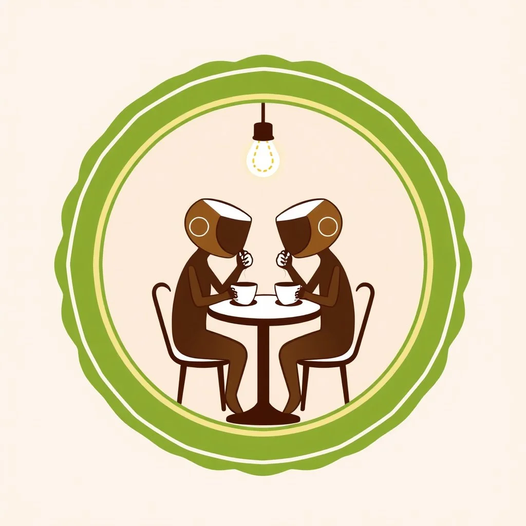 A circular logo for a cafe called (cofe didar) with a distinctive green border, in the center of which are two people with heads shaped like coffee cups sitting at a table for two, drinking coffee, and a light above their heads.