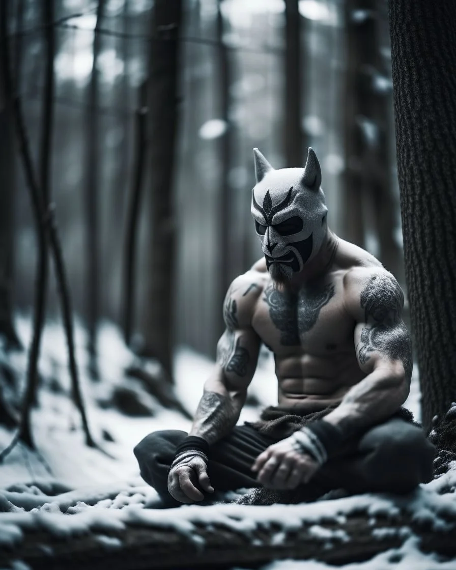 man sitting on a tree branch, middle of a snowy forest, muscular athletic physique, wearing a japanese Hannya demon mask over face, cinematic greyish filter