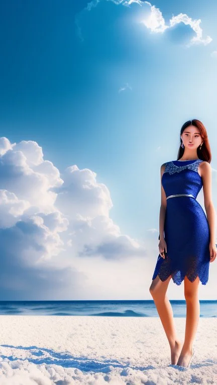 very nice real face beautiful Woman with make up at the beach standing pose in a short lace dark blue and silver dress, full body, 3D coudy sky volumetric nice clouds 8k sharp focus