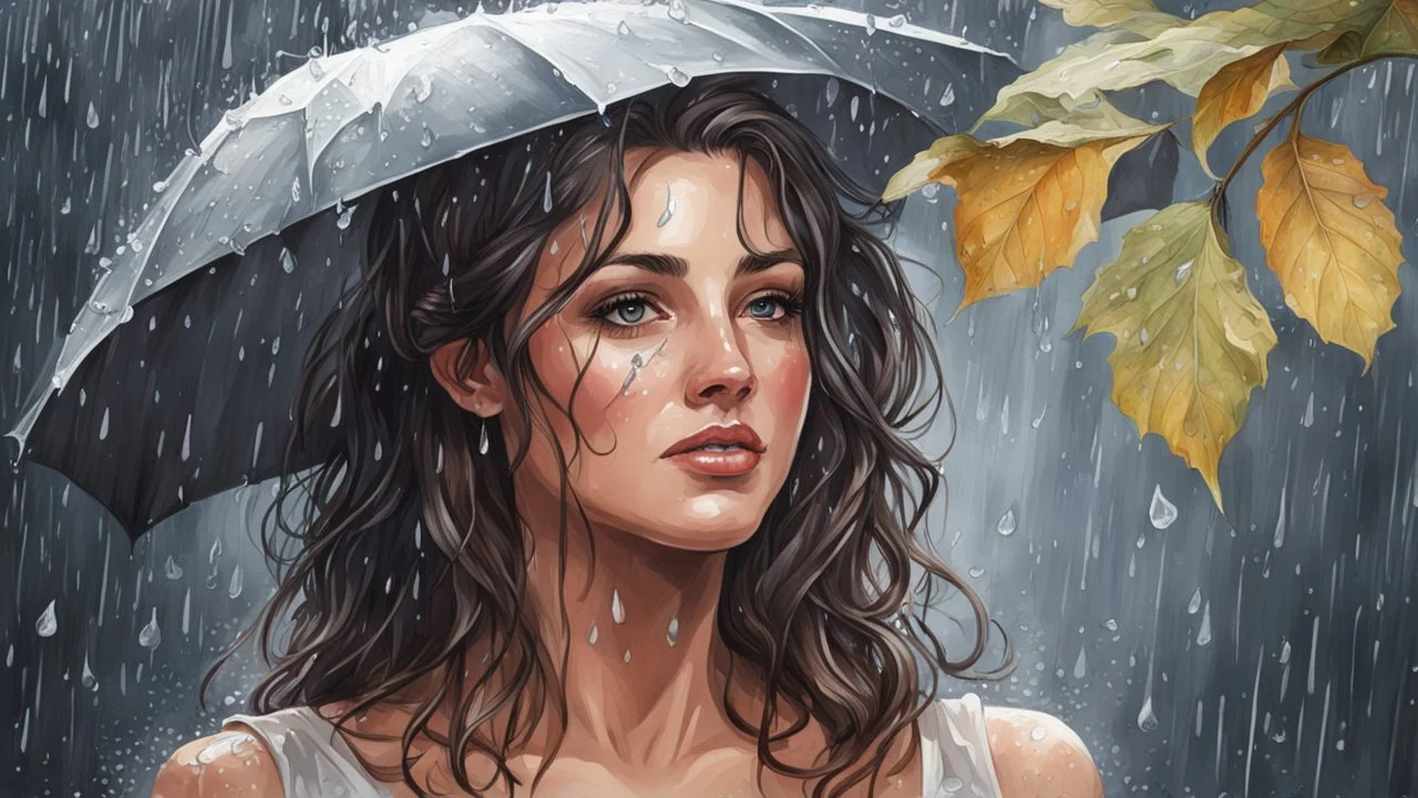 Draw a portrait of a beautiful woman, rain, man leaves