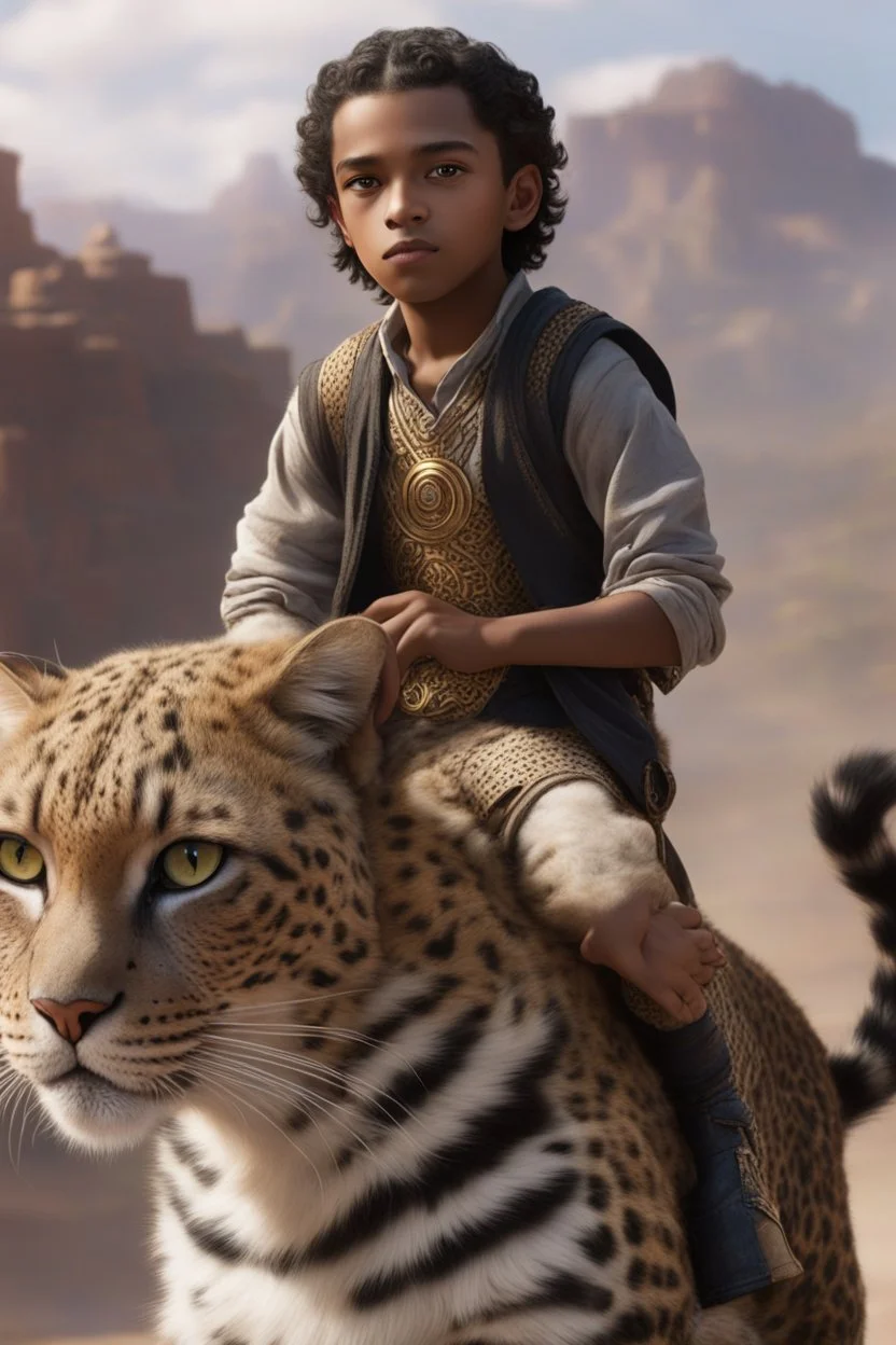 Eleven-year-old mulatto male sorcerer, with wavy black hair tied in a braid, hazel eyes, riding on the back of a giant furry leopard cat