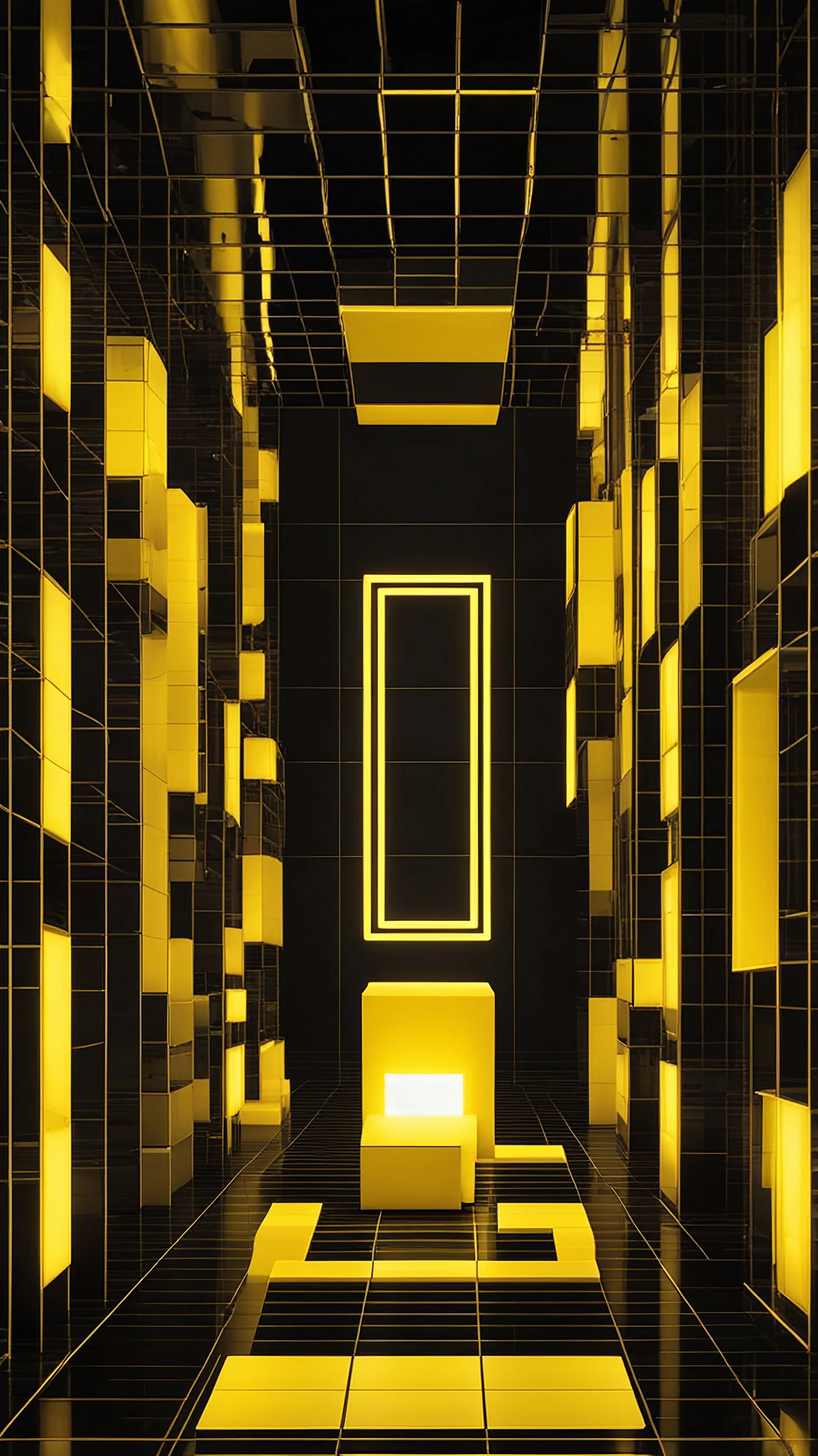 Yellow cubescape, 3D, futuristic, modern, neon, grid, electric, Black, glow, wall, beautifully lit, best quality