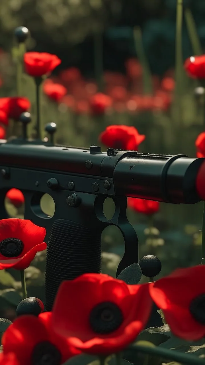 black gun with red kiss on it in a garden full of red poppies. cinematic