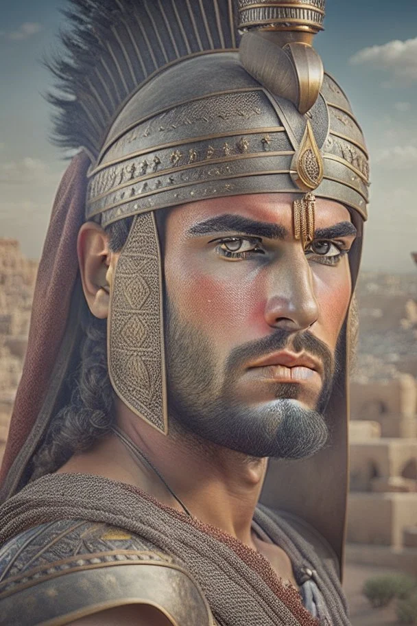 Mesopotamian warrior, expression serious, aura, portrait, background Mesopotamian city