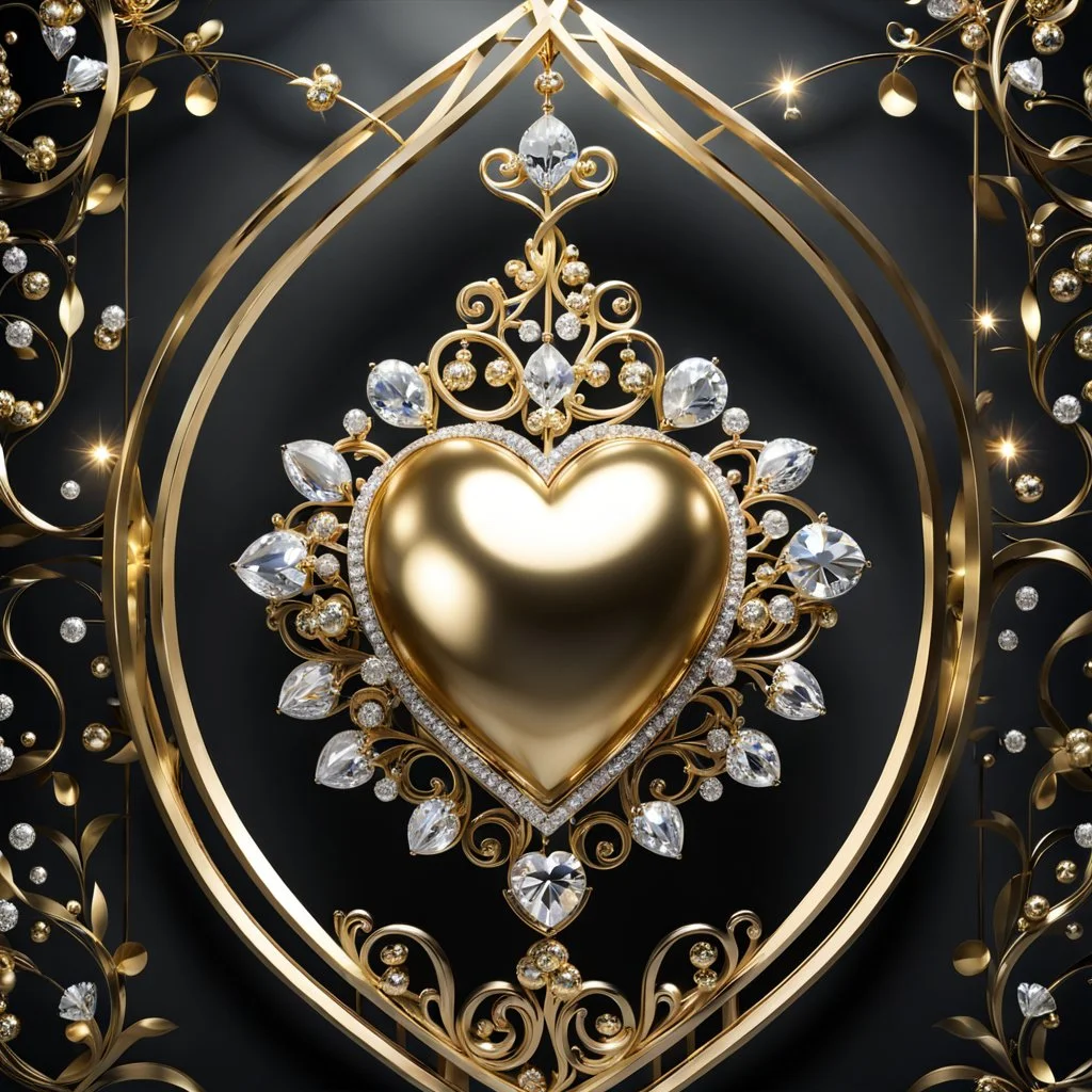 A magnificent golden and silver heart-shaped sign adorned with a stunning golden sphere encrusted with sparkling diamond clusters at its center, elegantly spinning in position.