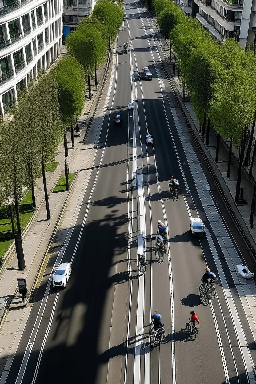 birds eye view of a street with one way traffic, a cycle lane and a path