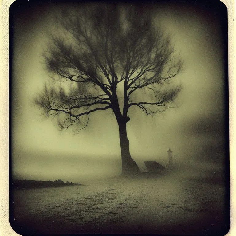 Dark street creepy fog colours strong texture artistic polaroid volumetric light tree nightmare Yves Tanguy, anguish and distress