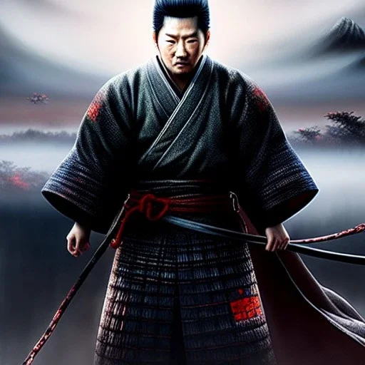 Ultra detailed fullbody Portrait in oil on canvas of Jin Sakai-Ghost Of Tsushima,intense stare,extremely detailed digital painting, extremely detailed face,crystal clear Big eyes, mystical colors ,perfectly centered image, perfect composition, rim light, beautiful lighting,masterpiece,8k, stunning scene, raytracing, anatomically correct, in the style of robert e howard and Ken Kelley and Ohrai Noriyoshi and Simon Bisley and tomzj1