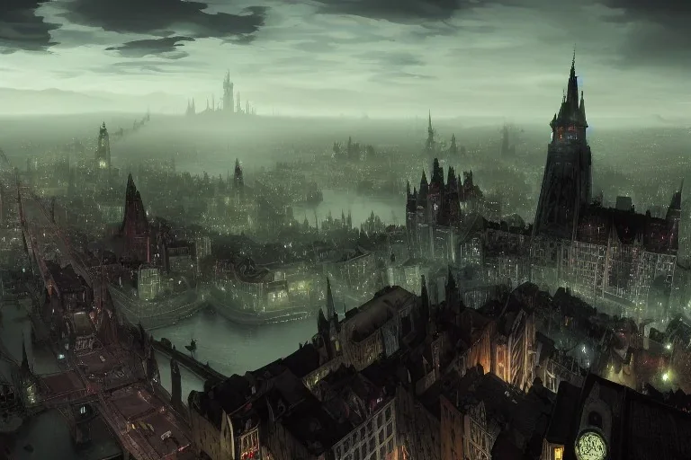 Dark city Insland+Quebec city hill+Bruges canal+bridges+corner building on hill+Gothic city+BioShock+Dishonored+Bloodborne +trieste+Edinburgh+Chicago+victorian London+decòpunk Skyscraper+ +steampunk+biopunk+alphonse mucha, greg rutkowski,matte painting, cryengine, hyper detailed, felix kelly, fantasy art, seb mckinnon