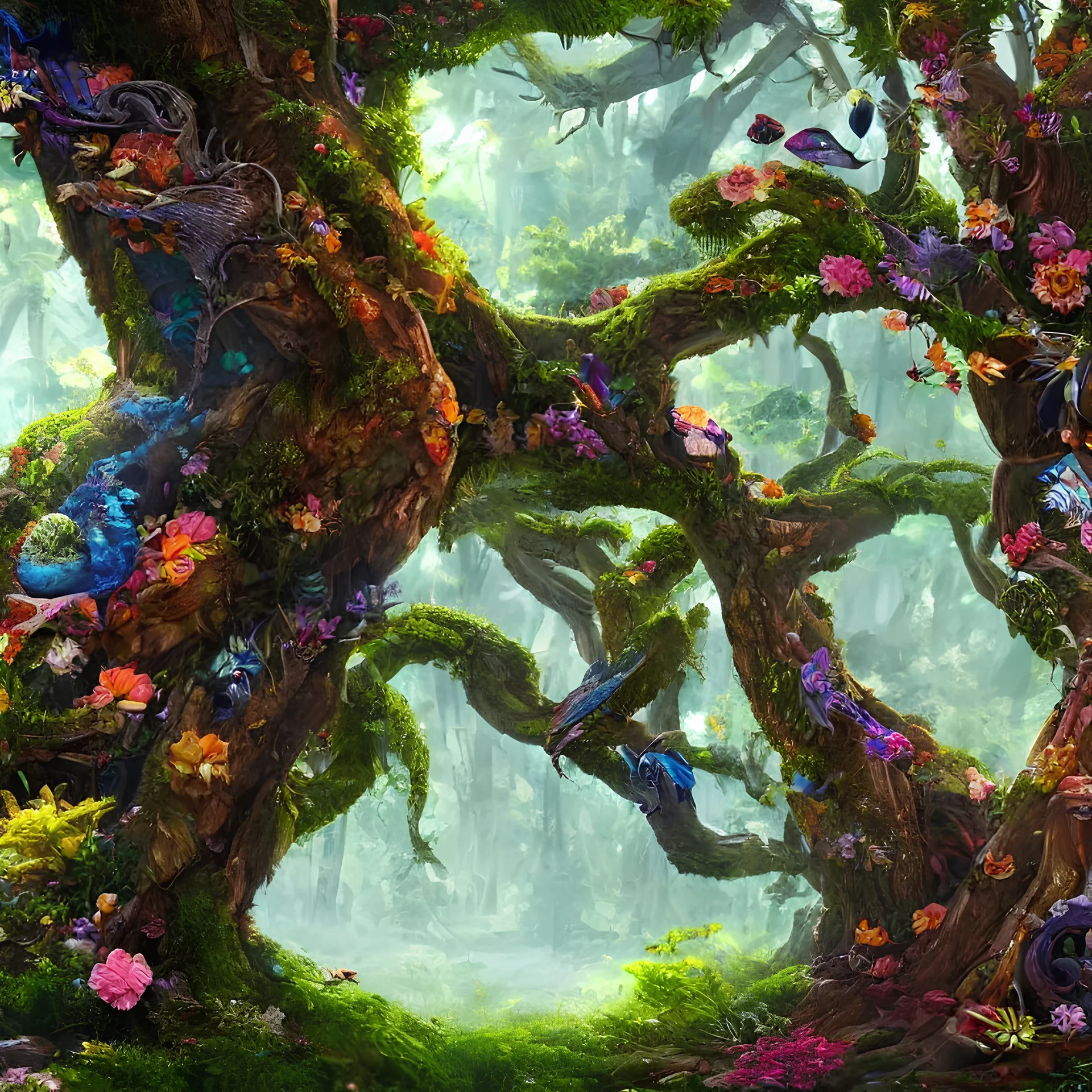 Powerful forest, detailed tree bark, synergy in life, Colective creatures, wonderful flying organisms, beauty as flower, colorful and detailed creatures, multiple species, detailed painting, splash screen, multiple complementary colors, fantasy art, fantastical and realistic landscape, intricate detail, 8k resolution trending on Artstation Unreal Engine 5