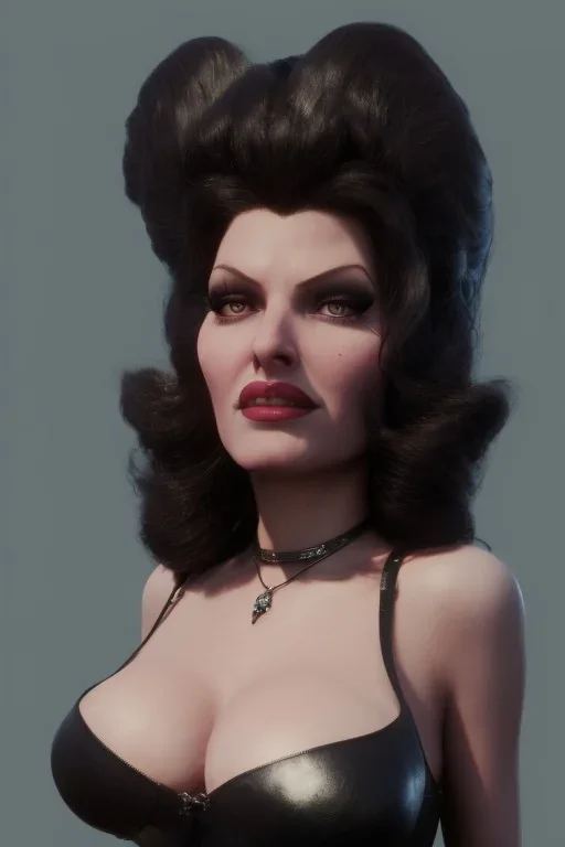 Rita Hayworth as evil queen in black leather, busty, cleavage, curvy, angry, stern look. character design by cory loftis, fenghua zhong, ryohei hase, ismail inceoglu and ruan jia. unreal engine 5, artistic lighting, highly detailed, photorealistic, fantasy