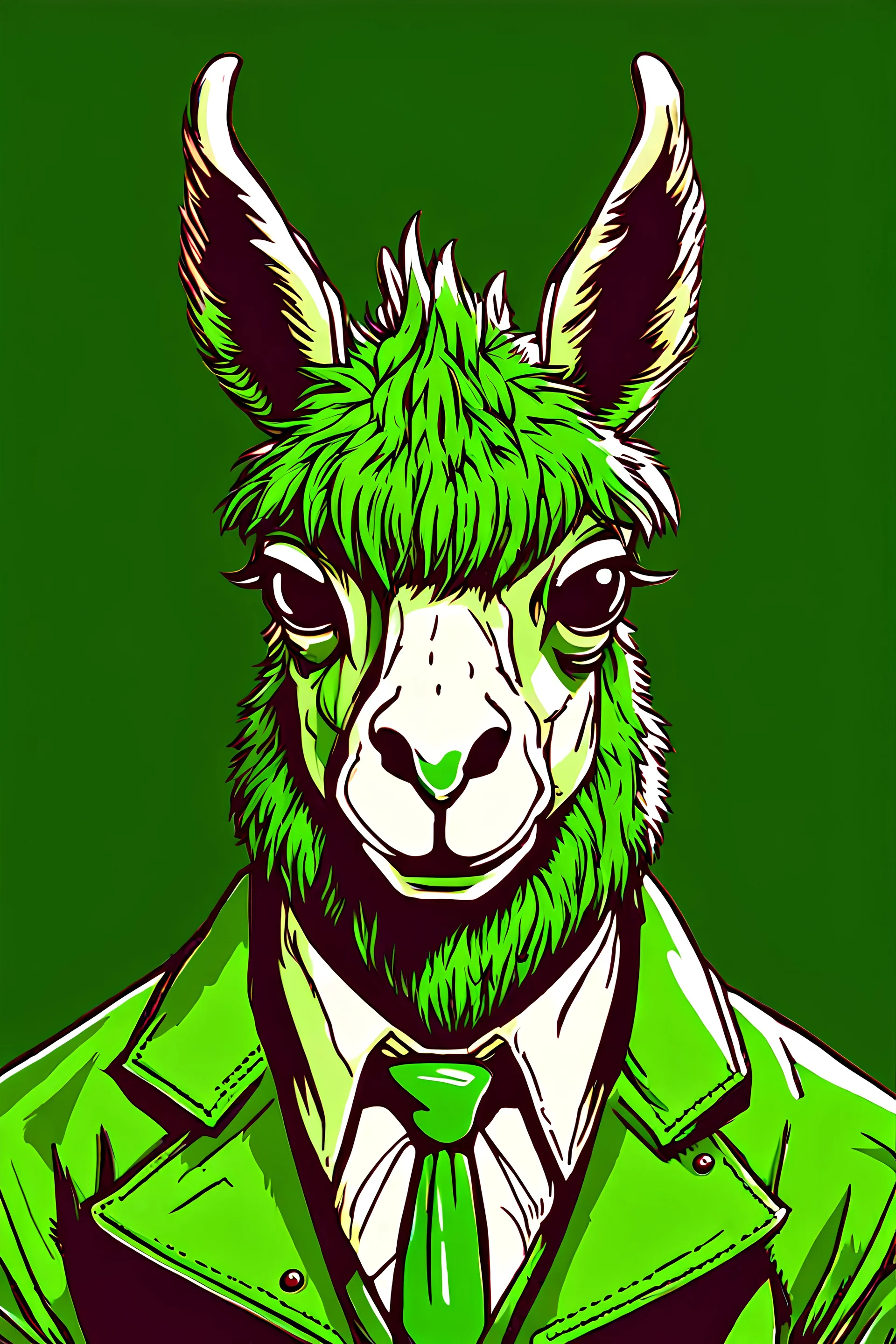 Martian Llama with green fur, green antennae, and destroyer of men's souls drawn in JoJo's Bizarre Adventure style