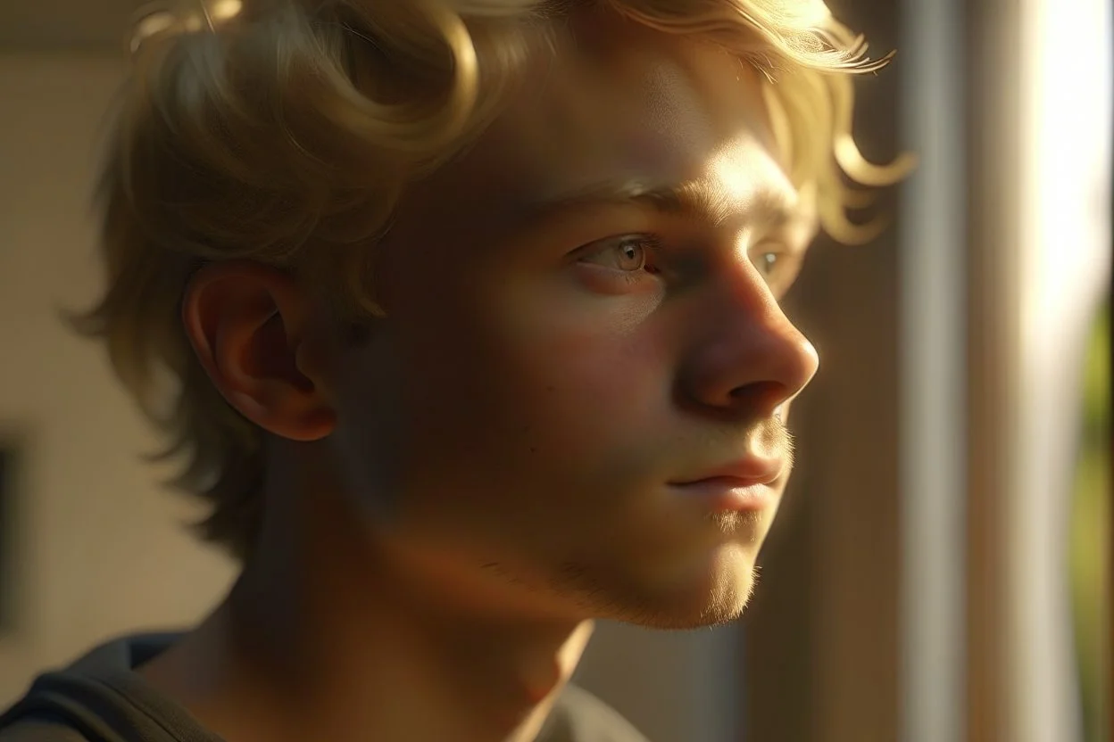 A realistic close up portrait of a cute teen boy with honey brown eyes and golden blond hair, innocent and thoughtful, gazing out a window, a hint of facial hair, wearing sleeveless shirt, inside an empty room with warm sunlight streaming in, detailed, high definition, 4K, 8K, quality render