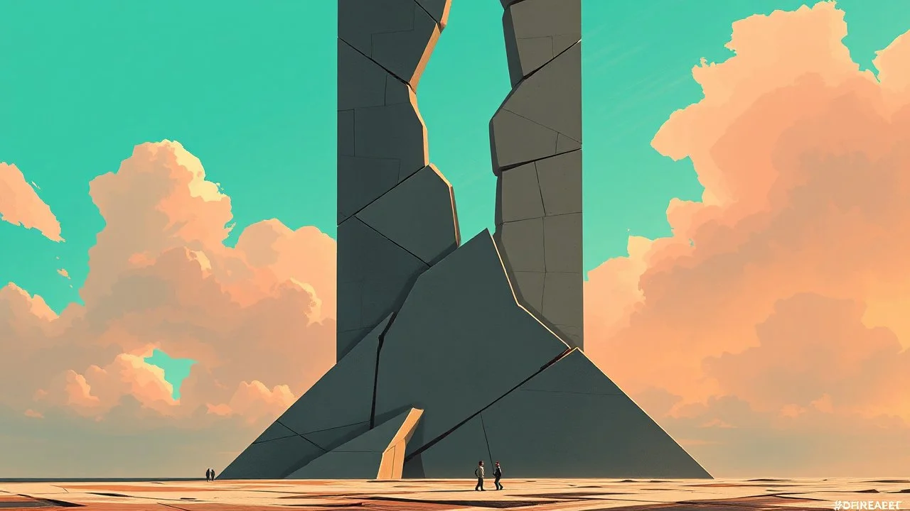 Geometric tower fractured by diagonal cuts, warm‑gray matte surfaces and a vibrating turquoise sky behind it, tiny figures walking at the base to suggest scale, expressive technical illustration style.
