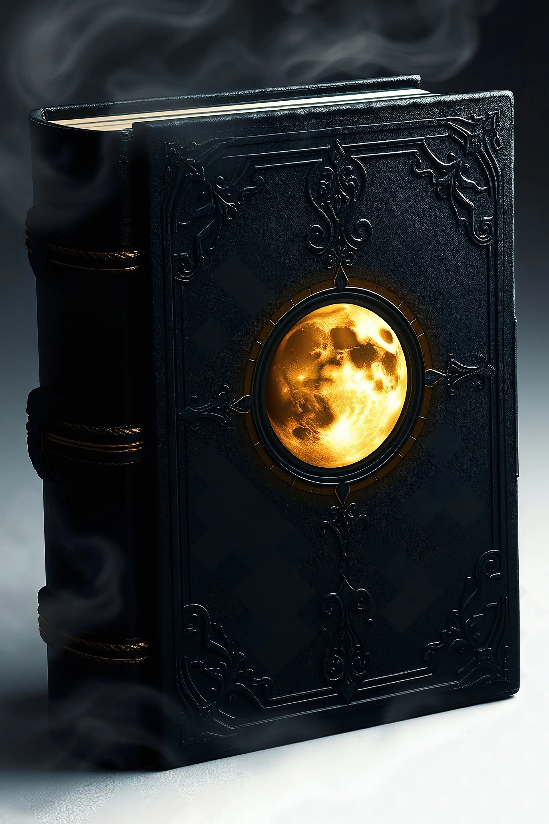 a high def picture of a dark grimoire made of shadow and magic, its cover is wispy and shifty. It as a symbol of a moon that glows in moonlight. It is magical in nature, not made from the material found in the world of the living.