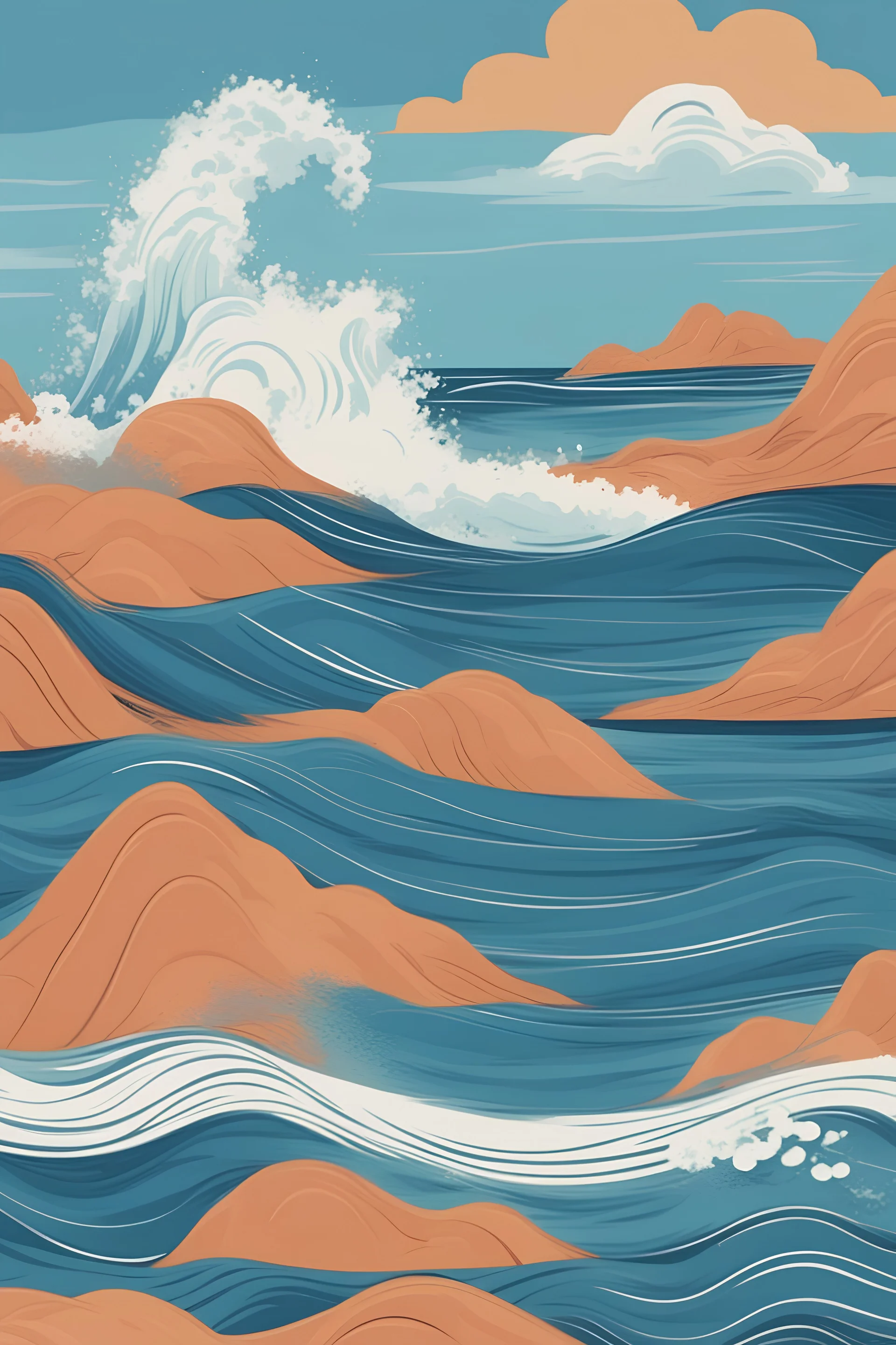 Minimalist illustration bohomein The waves of the blue sea are falling on the shore of the sea, wall art, vibrant colour background